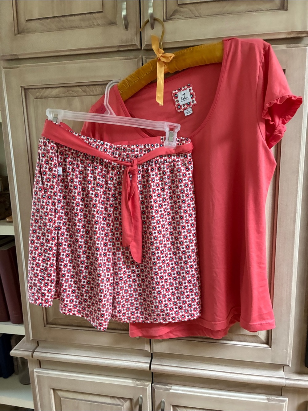 Coral Short Sleeve Pajama Set with Printed Shorts